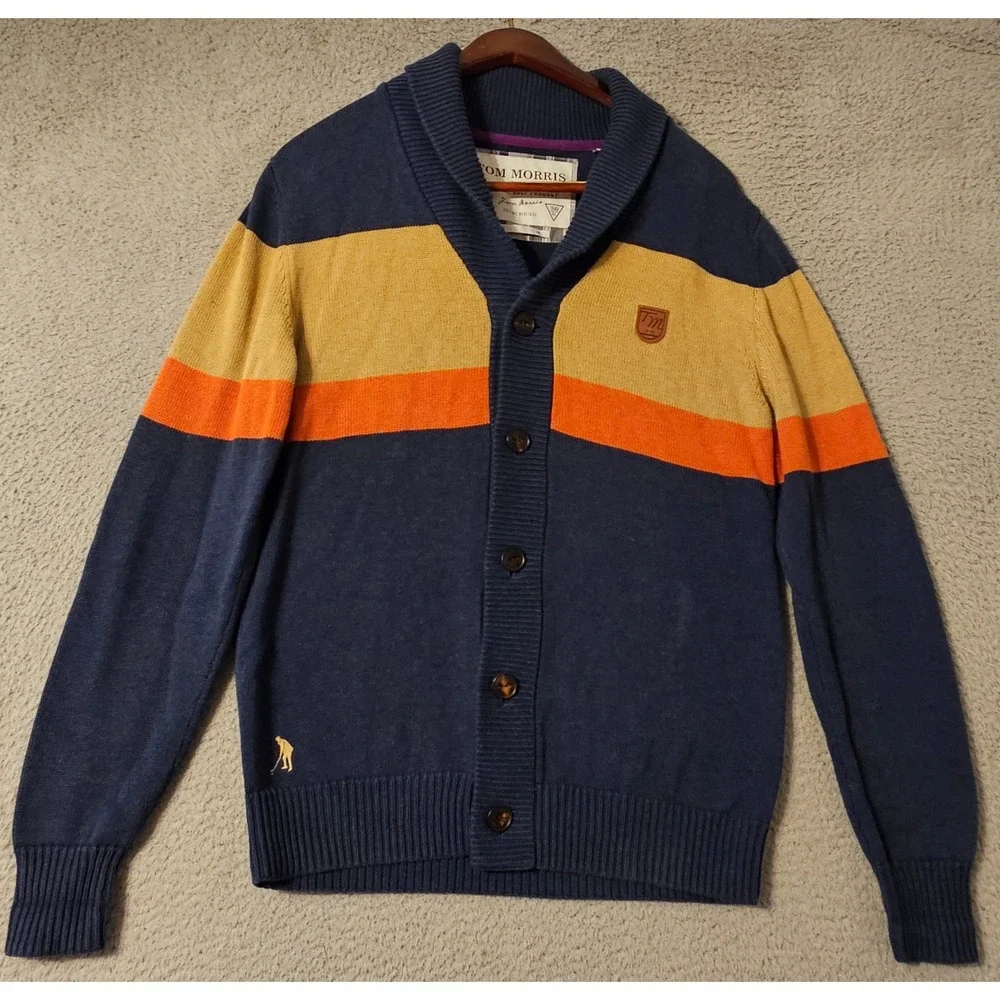 Tom Morris St Andrews Mens Medium Cotton Shawl Collar Cardigan Sweater Blue Gold